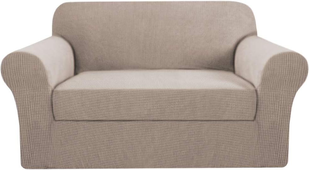 2 Pieces Loveseat Covers Fit Lovesat Width Up to 70 Inch Furniture Cover/Protector, Jacquard Spandex Stretch Loveseat Slipcovers Suit for T Chion/Box Chion (Loveseat, Sand)