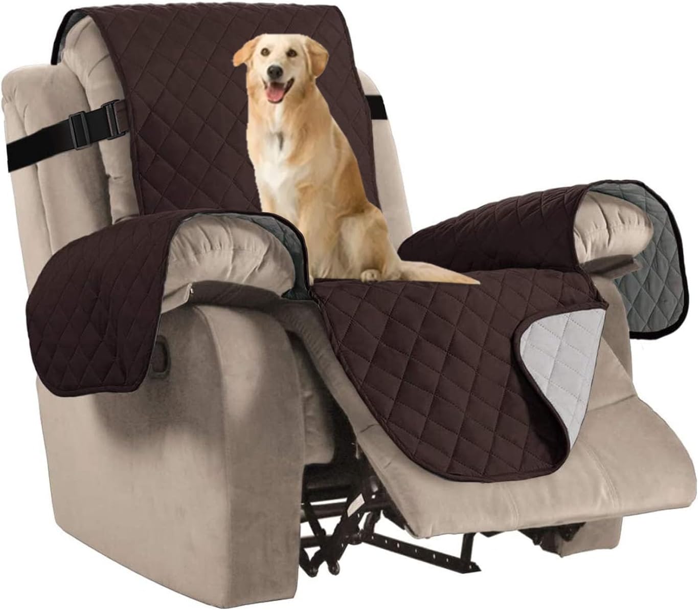 Reversible Quilted Recliner Covers Recliner Chair Cover Water Resistant Furniture Protector Washable Couch Cover with Elastic Straps for Kids, Pets (Recliner, Brown/Beige)