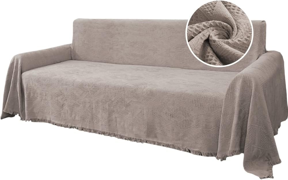 Cotton Sofa Covers Couch Cover Sofa Slipcover for Most Shape Sofas, Feature Thick Woven Jacquard Seamless with Tassels, Multie Decorative for Couch (X-Large: 71" x 118", Sand)
