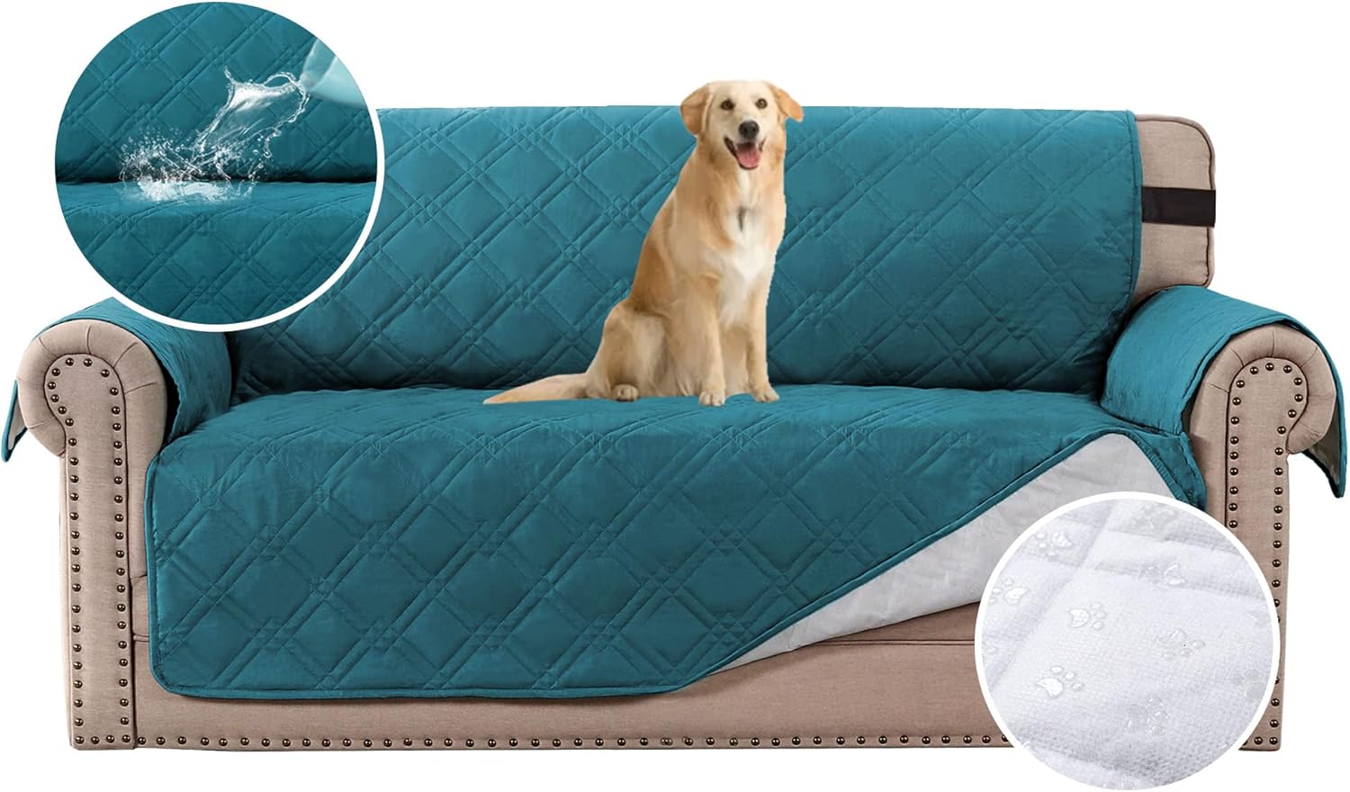 100% Waterproof Sofa Slipcover Washable Loveseat Cover for 2 Chion Cover Non-Slip Furniture Protector with Puppy Paw Silicone Backing Couch Cover for Pets Dogs (Loveseat, Dark Teal)
