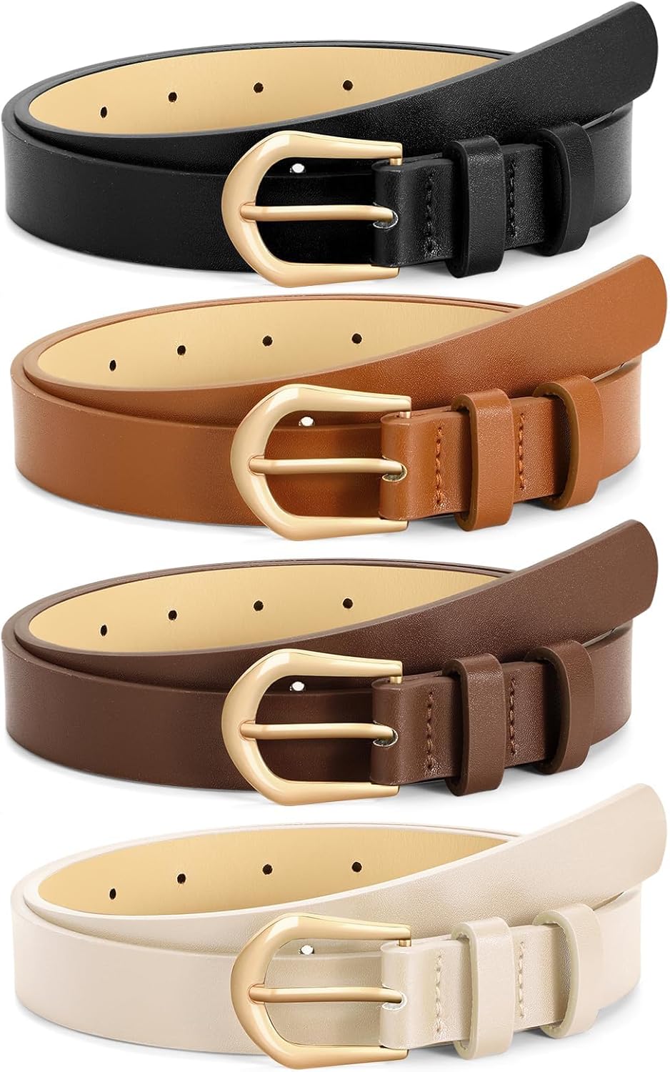 4 Pack Womens Thin Leather Belt Skinny Waist Belts for Women Fashion Jeans Dress with Gold Buckle