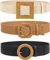 Straw Woven Elastic Stretch Waist Belt, 3 Pack Fashion Ladies Skinny Raffia Boho Dress Braided Belts for Women, Brown Beige Black XL
