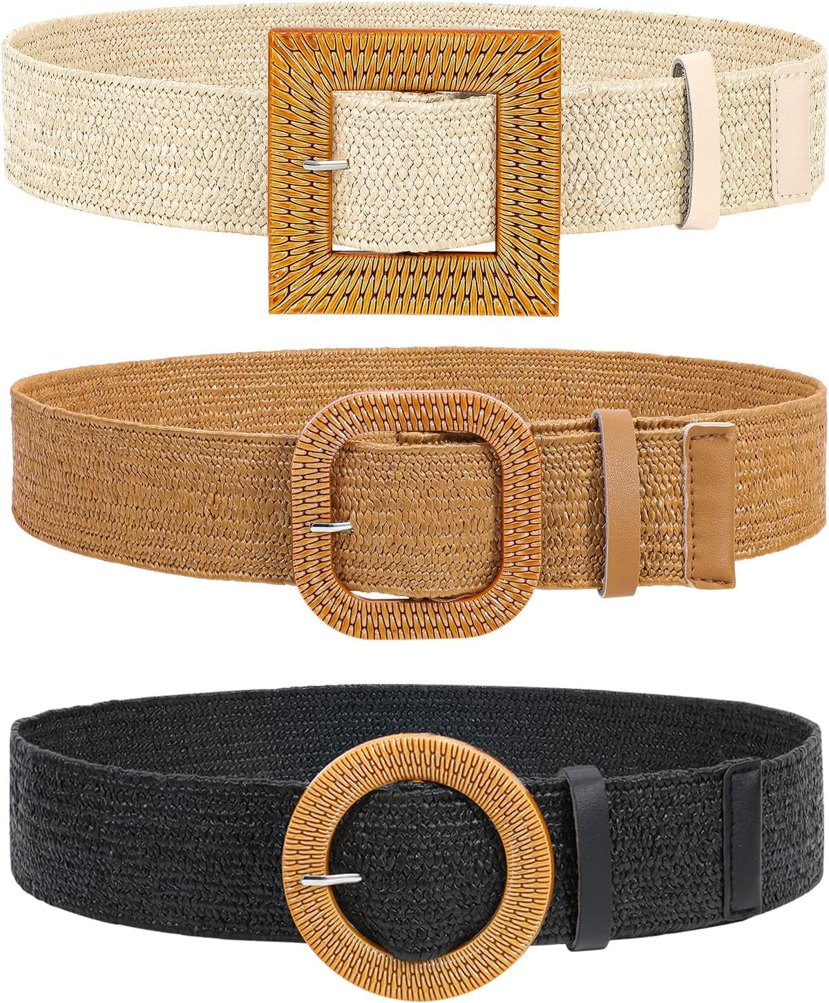 Straw Woven Elastic Stretch Waist Belt, 3 Pack Fashion Ladies Skinny Raffia Boho Dress Braided Belts for Women, Brown Beige Black XL