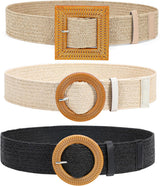 3 Pack Straw Woven Elastic Stretch Waist Belt Fashion Boho Dress Braided Belts for Women Khaki Beige Black XL
