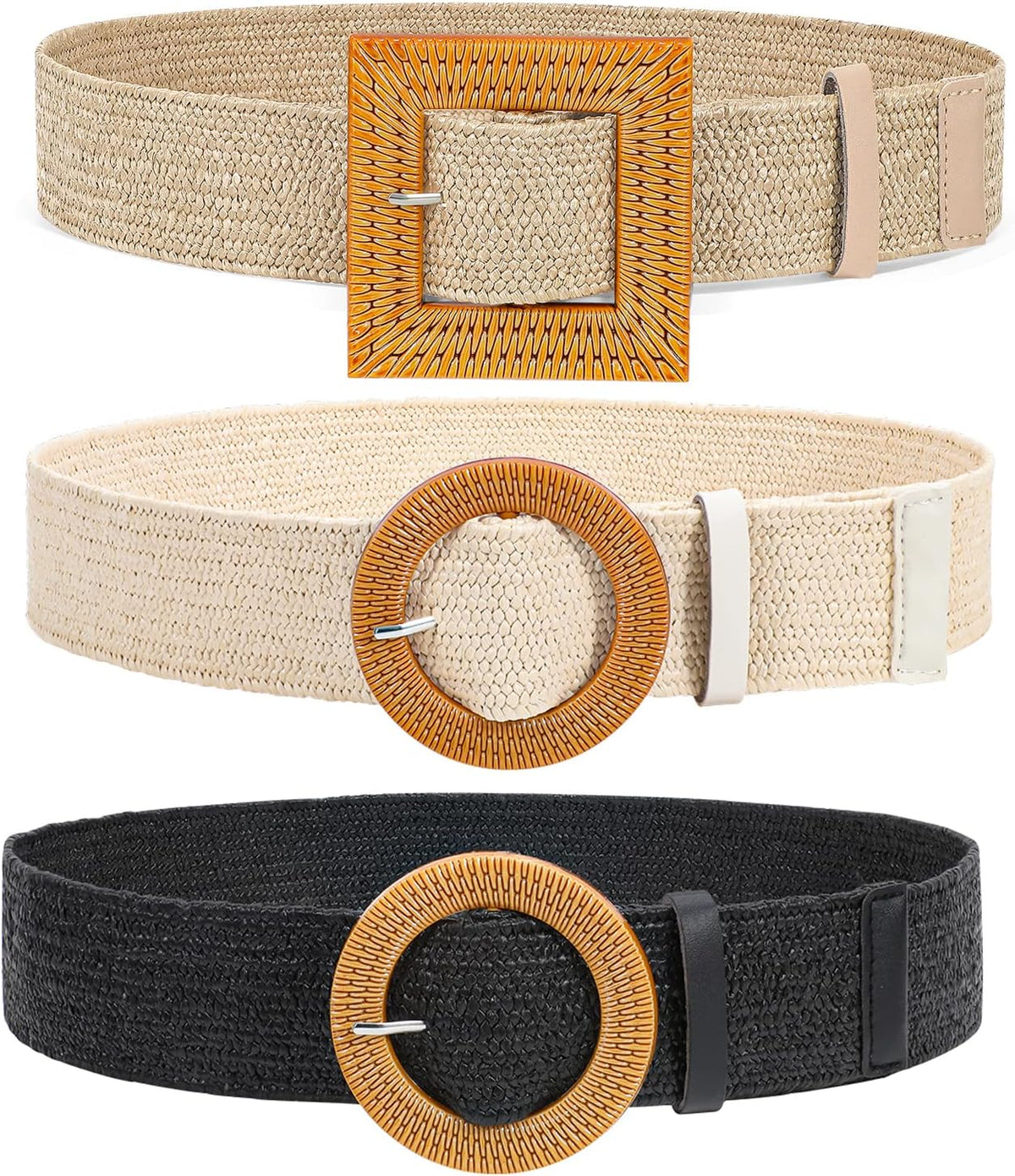 3 Pack Straw Woven Elastic Stretch Waist Belt Fashion Boho Dress Braided Belts for Women Khaki Beige Black XL