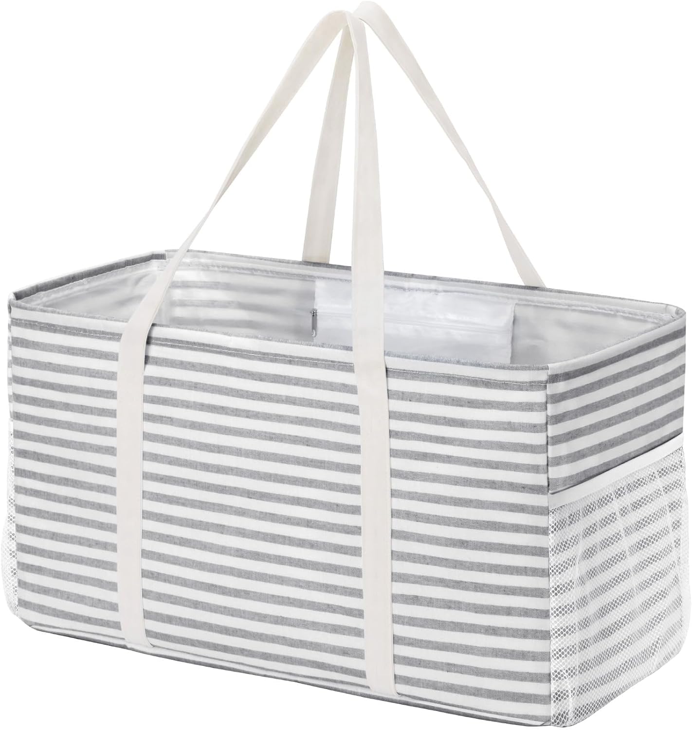 Extra Large Tote Bag, Reable Grocery Bags with Metal Wire Frame and Handles, Standing Utility Foldable Shopping Bags for Storage, Picnics, Beach, Laundry, Car, 46L, 1 Pack, Gray