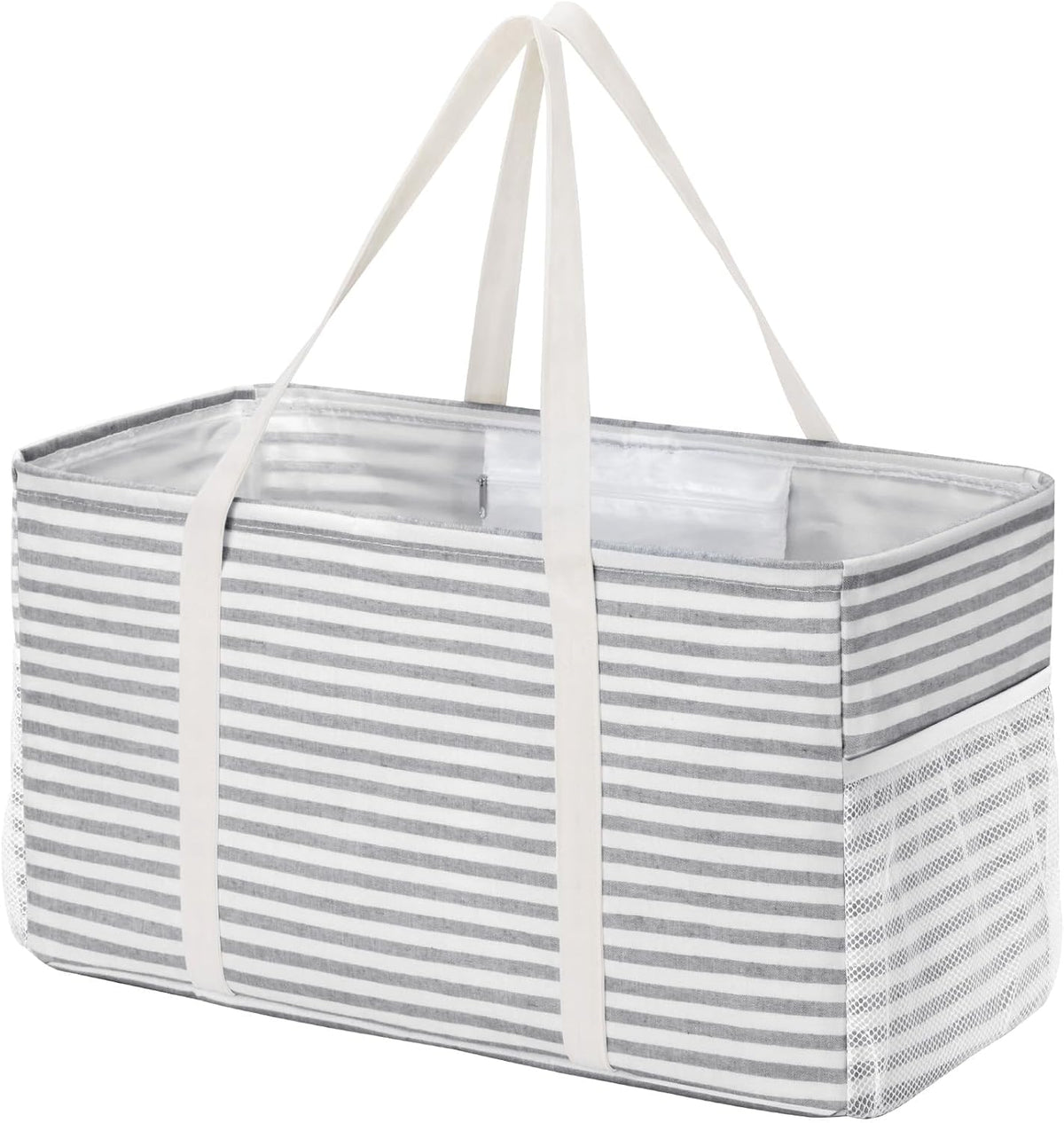 Extra Large Tote Bag, Reable Grocery Bags with Metal Wire Frame and Handles, Standing Utility Foldable Shopping Bags for Storage, Picnics, Beach, Laundry, Car, 46L, 1 Pack, Gray