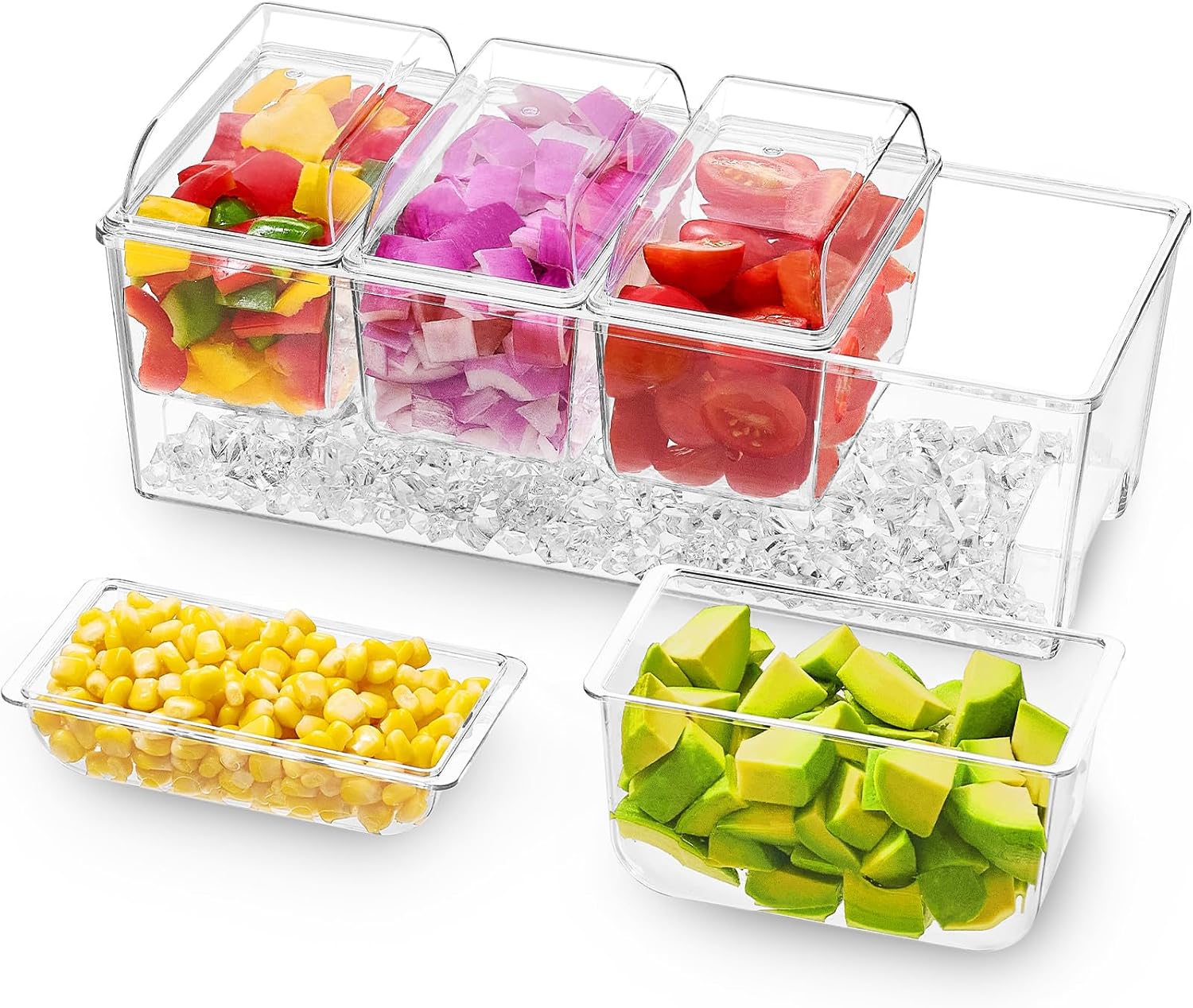 Taco Bar Serving Set for Party with 4 x 20 oz Containers, Ice Chilled Condiment Caddy Organizer, Garnish Serving Tray Platter for Mimosa Bar Accessories, Fruit, Salad, Food