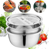 Germany Multifunctional Stainless Steel Basin, Multifunction Stainless Steel Basin with Grater 3 in 1 Vegetable Cutter for Kitchen, Vegetable Slicer Grater Strainer and Drain Basket (10.2 inch)