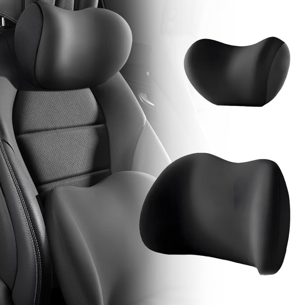 Car Headrest & Lumbar Support Cushion, Ergonomic Car Seat Headrest & Lumbar Cushion with Adjustable Strap for Neck Back Pain Relief, Car Head Rest and Lumbar Pillow Set (Black)