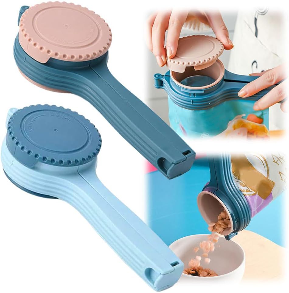 Bag Clip with Pour Spout, Food Bag Sealing Clip, Reusable Plastic Cap Sealer for Snack (2)