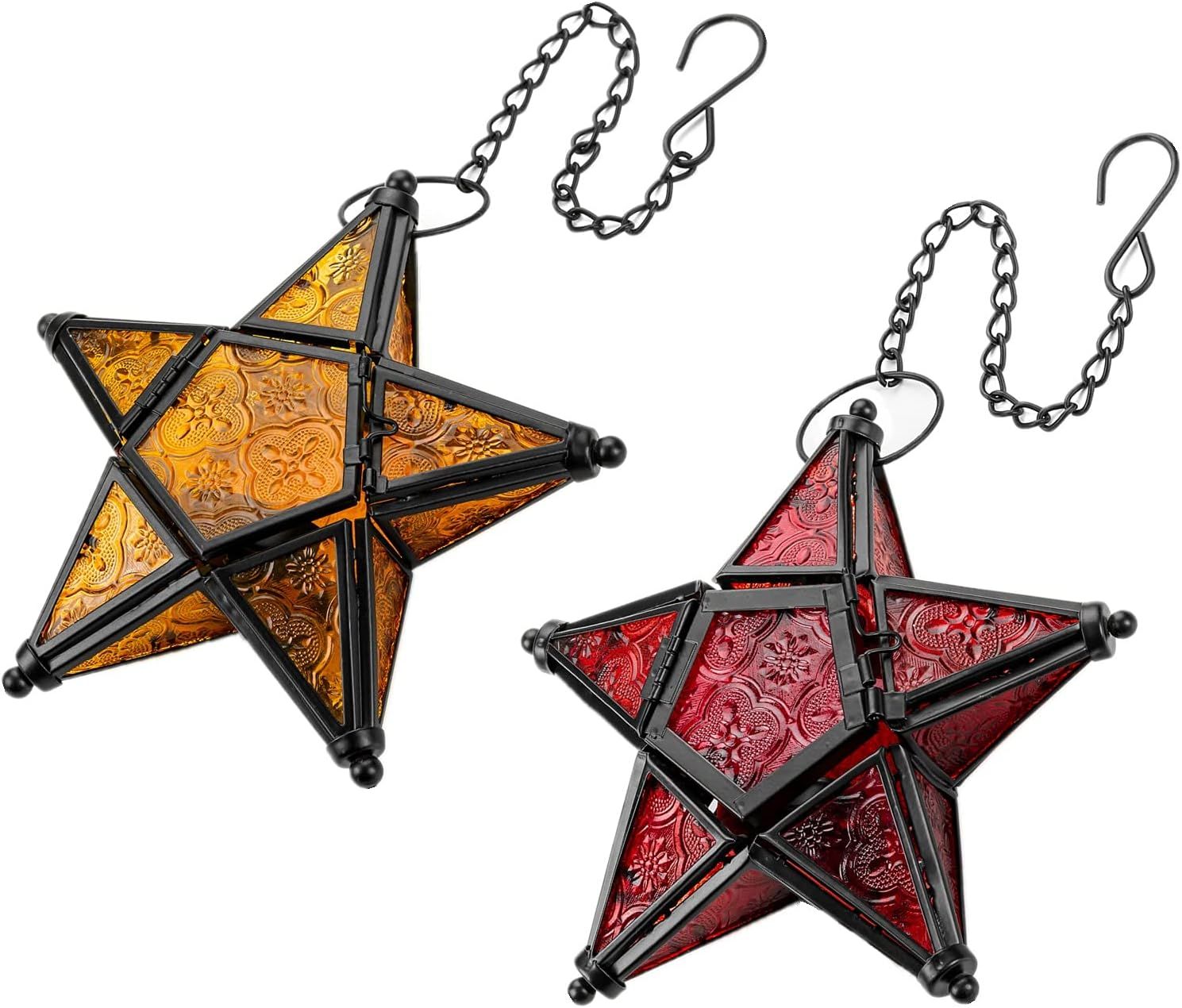 Glass Star Lantern Hanging Ornaments - Tea Light Lantern Window Hangings Patio Balcony Living Room Decoration Vintage, Orange + Red
