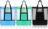 3 Pcs Beach Bag with Cooler Mesh Beach Tote with Insulated Cooler and Pocket Waterproof Sandproof Beach Tote Bag Swim Pool Bag for Women Summer (Black, Blue and Green)