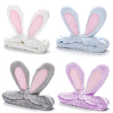 4 Pack Easter Bunny Makeup Headband Rabbit Ear Spa Hair Band Coral Fleece Elastic Head Wrap Stretchy Headband for Party Face Washing Beauty Shower Women Girls (Blue, White, Gray, Purple)