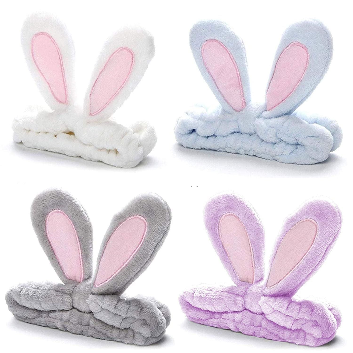 4 Pack Easter Bunny Makeup Headband Rabbit Ear Spa Hair Band Coral Fleece Elastic Head Wrap Stretchy Headband for Party Face Washing Beauty Shower Women Girls (Blue, White, Gray, Purple)