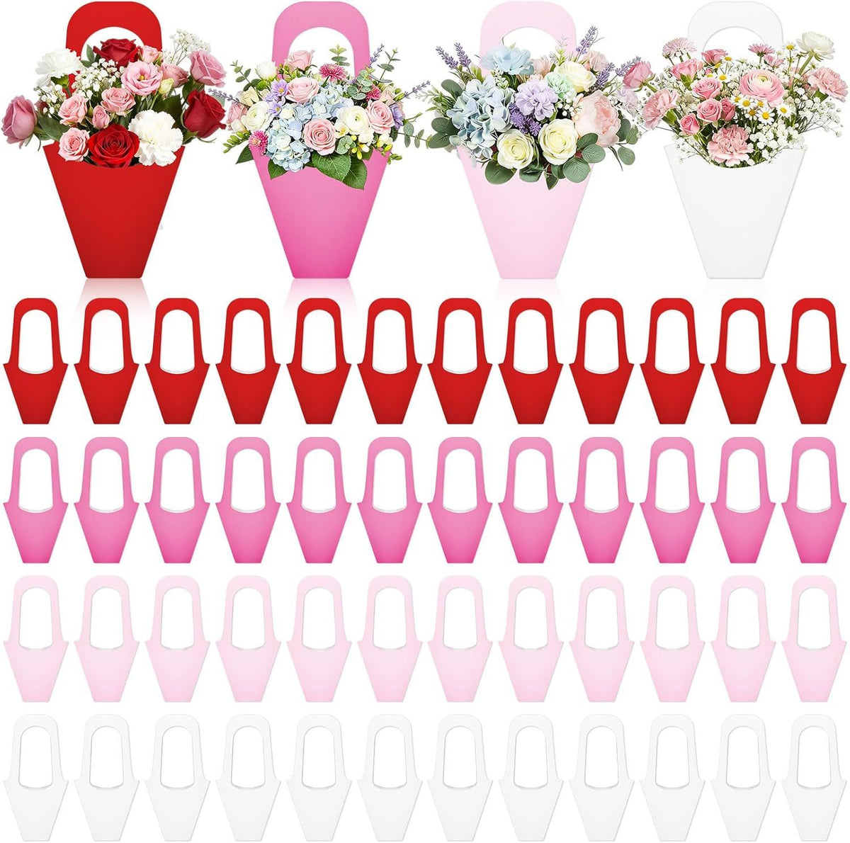 48 Pcs Mother's Day Flower Bouquet Holder Bulk with Handle Pink Red Florist Floral Bouquet Boxes for Arrangements Flower Gift Bags Packaging for Bridal Wedding Birthday Party Decor