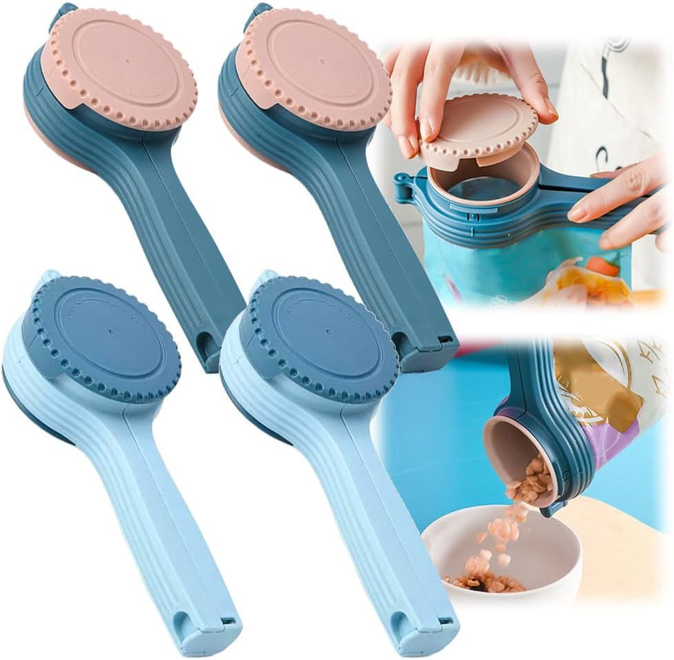 Bag Clip with Pour Spout, Food Bag Sealing Clip, Reusable Plastic Cap Sealer (4)