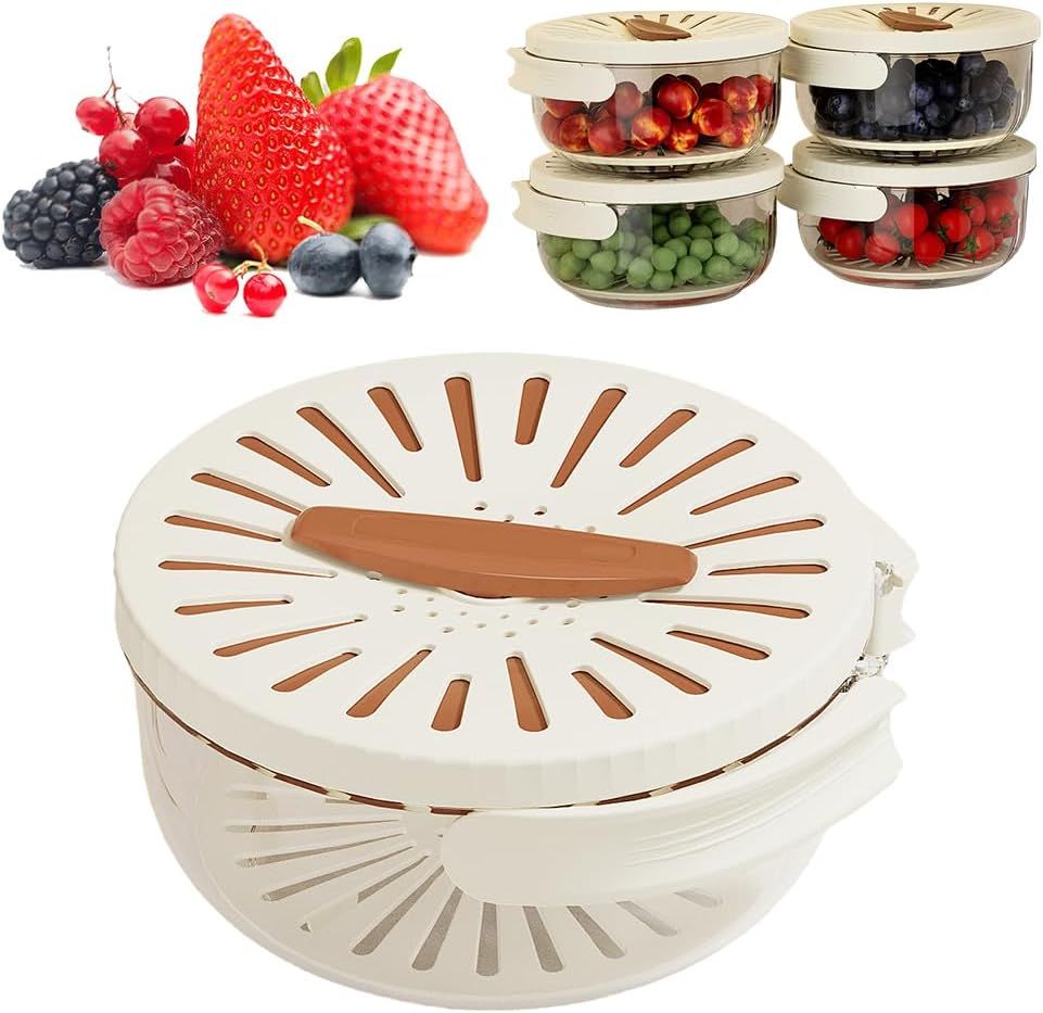 2-in-1 Draining and Preservation Basket, 2026 Upgraded Multifunctional Fruit and Vegetable Washing Bowl with Handle Fruit Strainer Container with Lid for Kitchen, Fridge, Picnic, Camping (Brown)