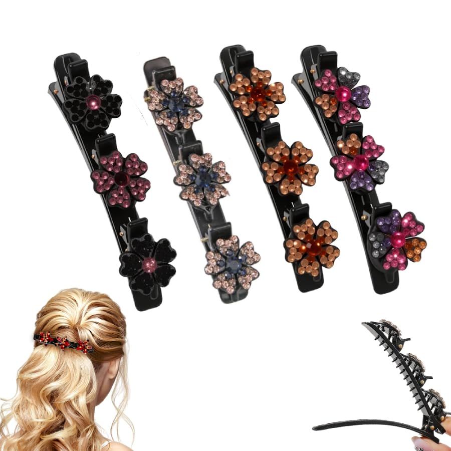 4 Pcs Sparkling Crystal Stone Braided Hair Clips for Women and Girls, 2026 New Hair Braid Clips Easily Braided Hair Bands, Shiny Rhinestone Hair Clip Duckbill Hairpin (Flower)