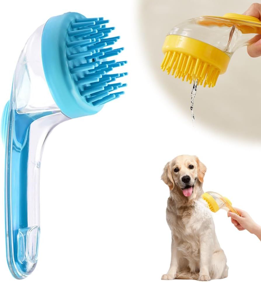 Pet Bath Brush with Shampoo Dispenser, 2025 New Dog Bath Brush Soft Silicone Bristle for Bathing Pets Grooming Massage Brush (Blue)