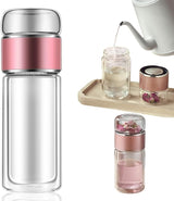 Double Walled Glass Tea Tumbler with Infuser, 17 Oz/500ml Portable Tea Infuser Bottle with Stainless Steel Filter (rose gold, 500, Milliliters)
