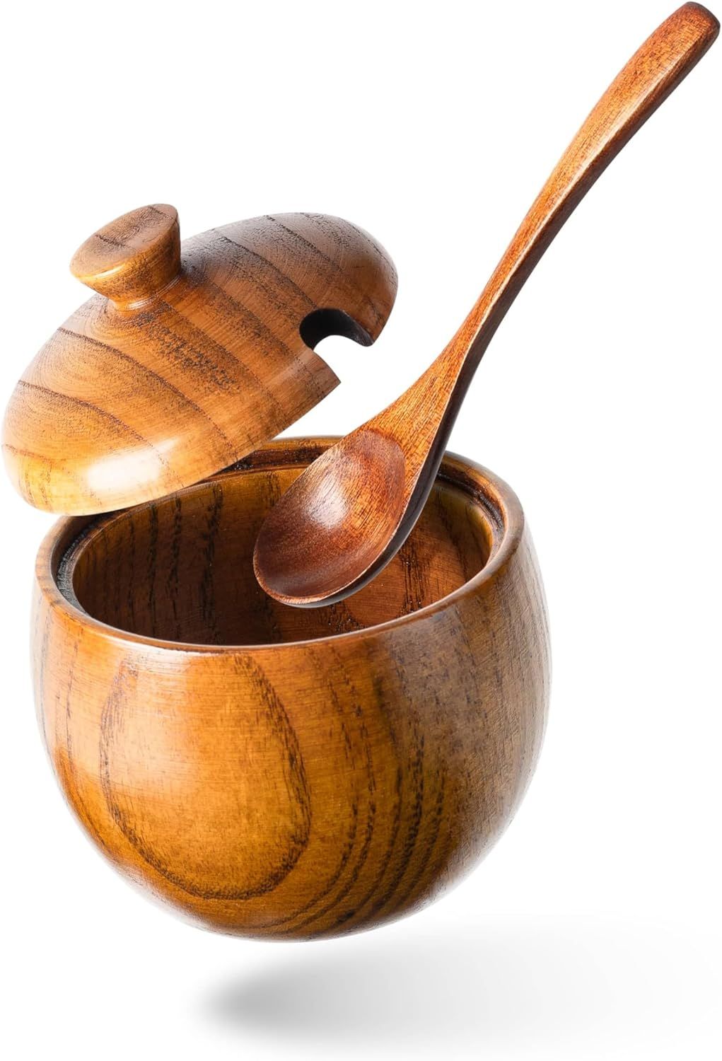 Jujube Wood Salt Container for Countertop, 6 Ounces Capacity Salt Cellar with Lid and Spoon, 3.3x3.5 inch Salt Box, Unique Salt Holder for Kitchen, Elegant Wooden Salt and Pepper Bowl
