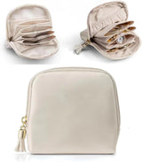 Leather Jewelry Organizer Pouch with Compartments, Travel Jewelry Case Portable Small Box for Necklace Bracelet Earring (Beige)