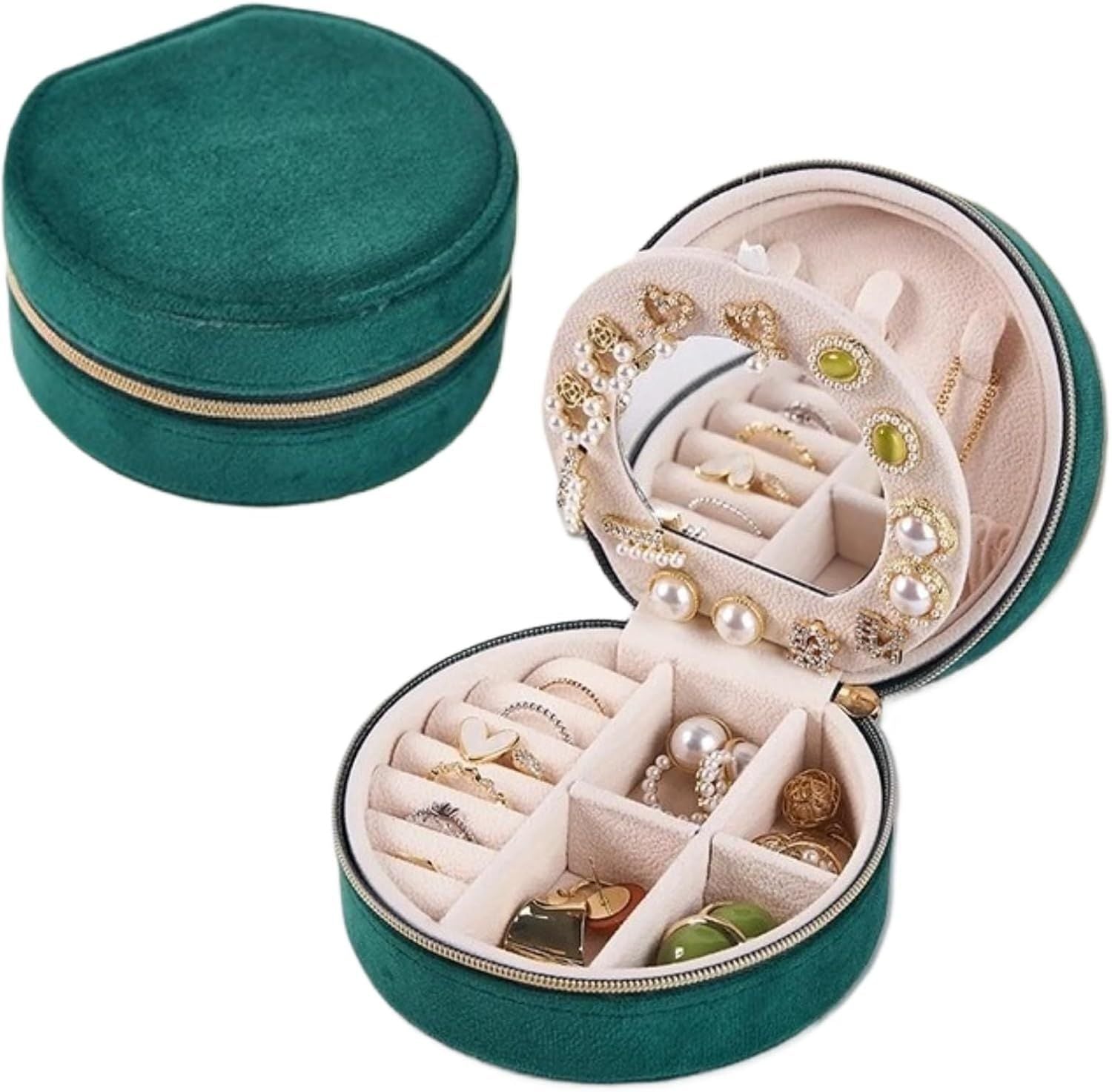 Small Portable Jewelry Box with Mirror for Travel, Luxury 3 Layers Jewelry Organizer Compact Case for Necklace Earring (Green Round)