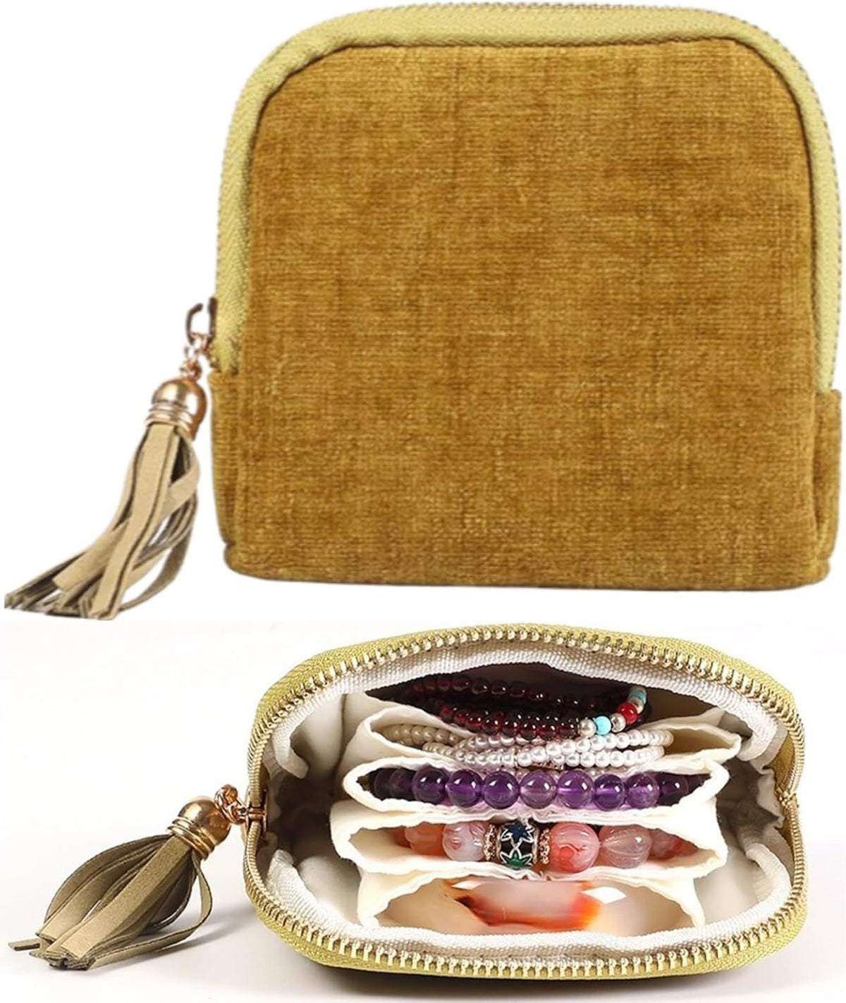 Velvet Jewelry Travel Pouch with 5 Compartments Tassel Zipper for Bracelets Necklace, Tangle Free Portable Jewelry Case (Brown)