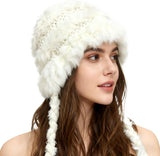 Women's Thick Rabbit Fur Knit Beanie Hat with Nordic Braids for Winter Warm, Ear Protection Thermal Headwear