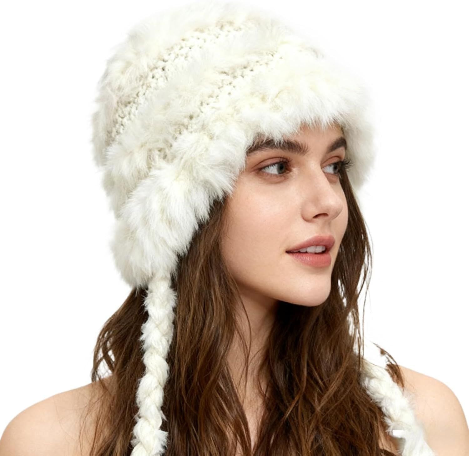 Women's Thick Rabbit Fur Knit Beanie Hat with Nordic Braids for Winter Warm, Ear Protection Thermal Headwear