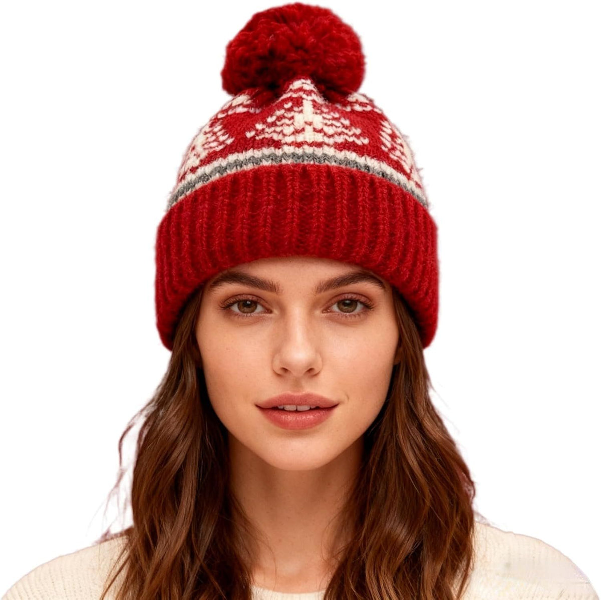 Women's Thick Classic Knit Bobble Hat for Winter Warm, Thermal Beanie with Pom Pom for Girls