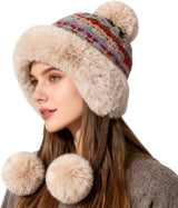 Women's Knit Bobble Hat with Fleece Lining Plush Pom Pom, Warm Winter Thermal Beanie Cute Ear Protection Cap