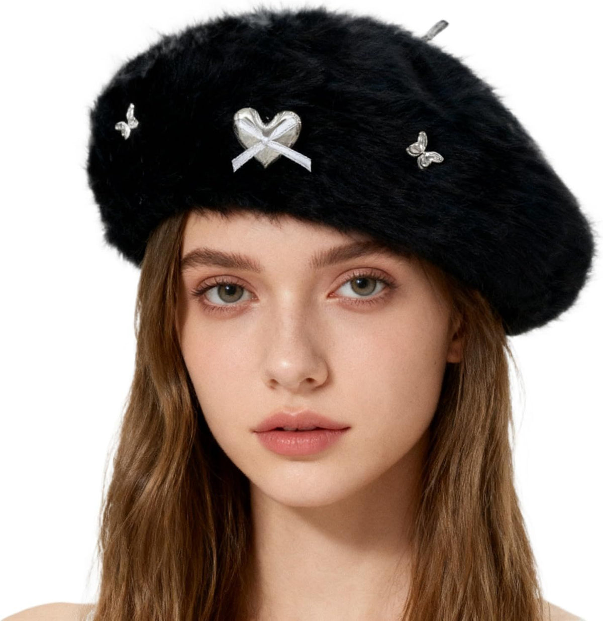 Fuzzy Faux Fur Beret with Heart Bow Butterfly Metal Gems for Women, Winter Atmosphere Artist Hat for A Slim Face Look