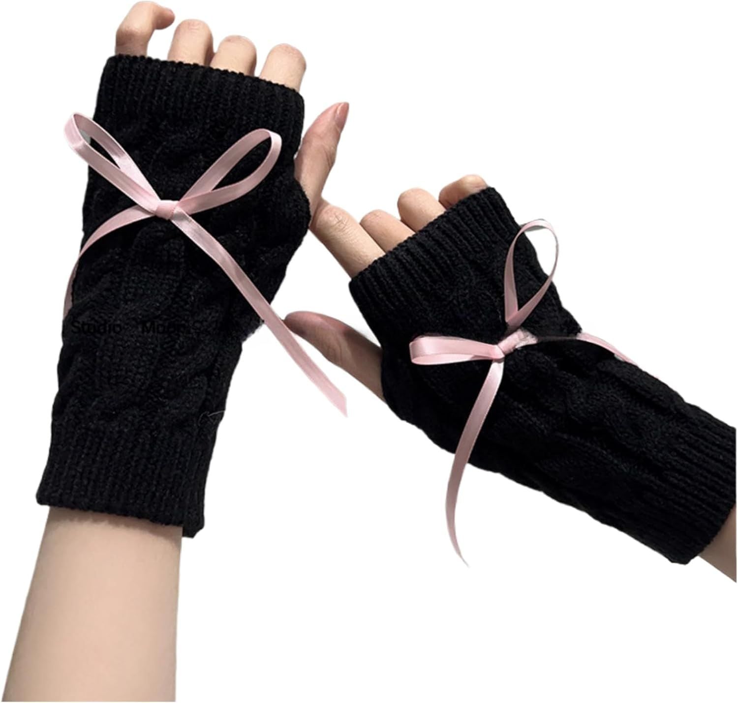 Cable Knitted Hand Warmer Half Finger Mittens with Silky Bowknot, Women's Arm Warmers Sleeve Gloves for Winter