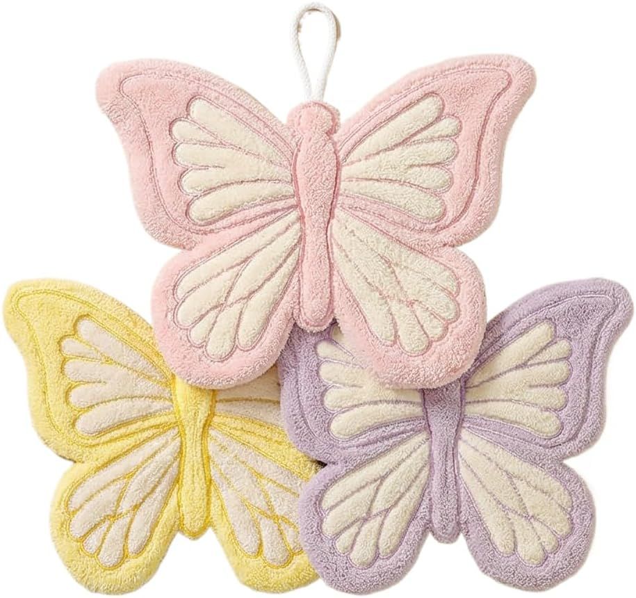 Butterfly Shaped Hanging Hand Towel 3 Pcs Set, Extra Thick Coral Fleece Ultra Absorbent Kitchen Bathroom Towel with Loop
