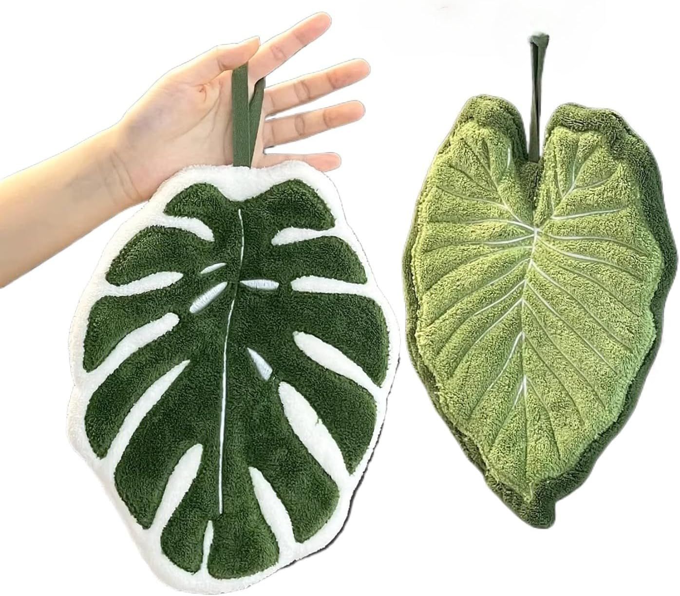 2 Pcs Set Leaf Design Coral Fleece Hand Towel Soft Absorbent Towel for Kitchen, Bathroom, and Countertop Decor