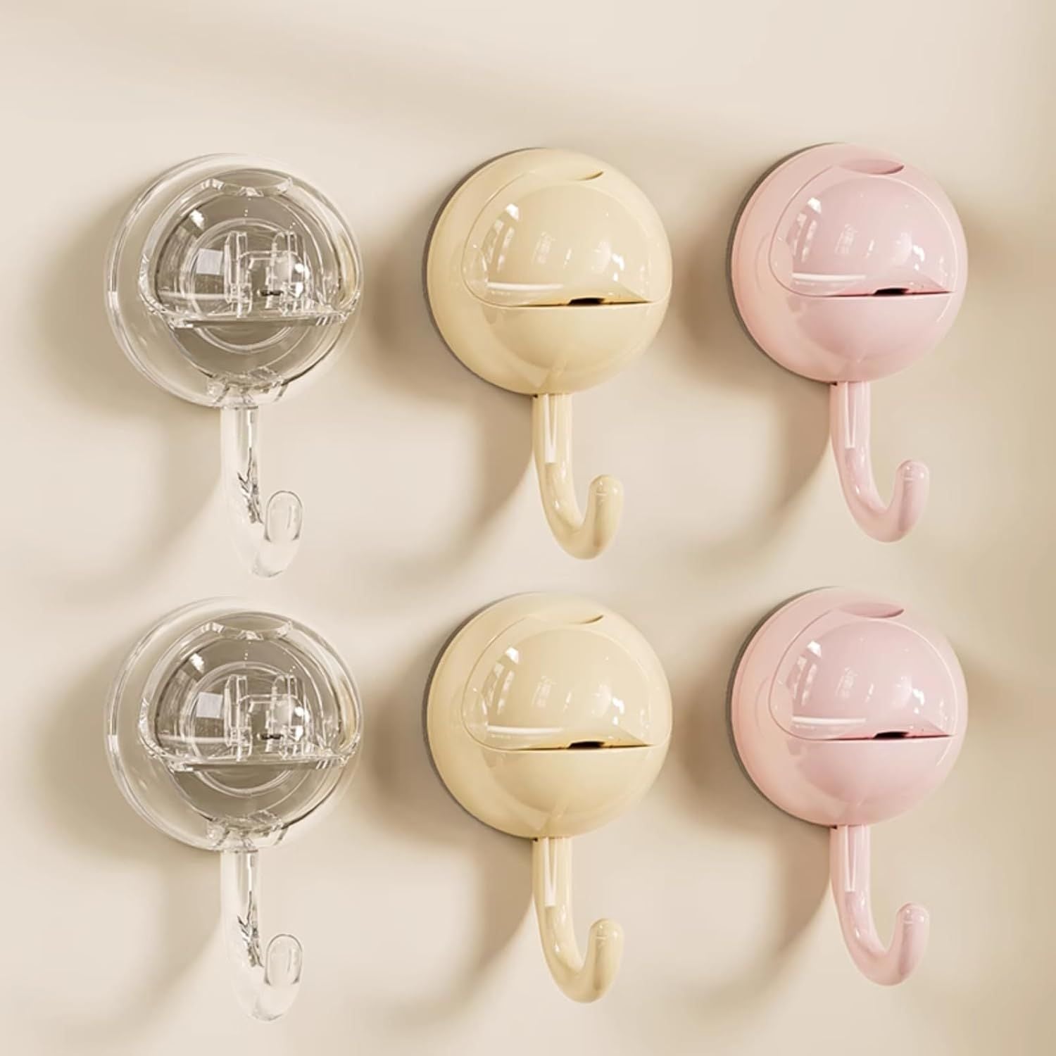 No-Drill Round Vacuum Suction Cup Hooks Pastel Colors, Strong Hold No-Trace Storage Hangers for Kitchen Bathroom Towel (Clear Beige Pink,6)