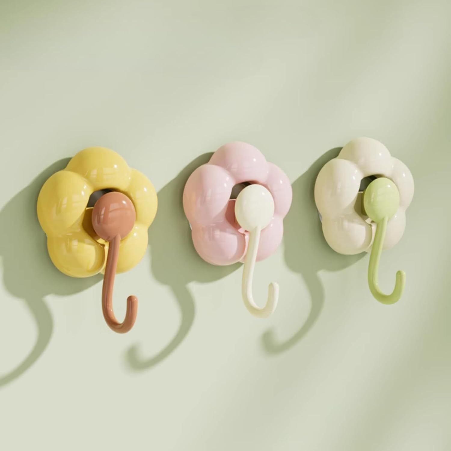 3 Pack No-Trace Vacuum Suction Cup Hooks, Floral Heavy Duty Storage Hangers for Home Bathroom Kitchen Door Back (Yellow Pink Green)