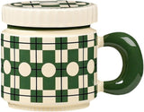 14 Oz Luxe Ceramic Coffee Mug Tea Mug with Lid Handle Floral/Stars/Plaid Design, Elegant Water Cup Cereal Bowl Ice Cream Bowl (green,14 Oz)
