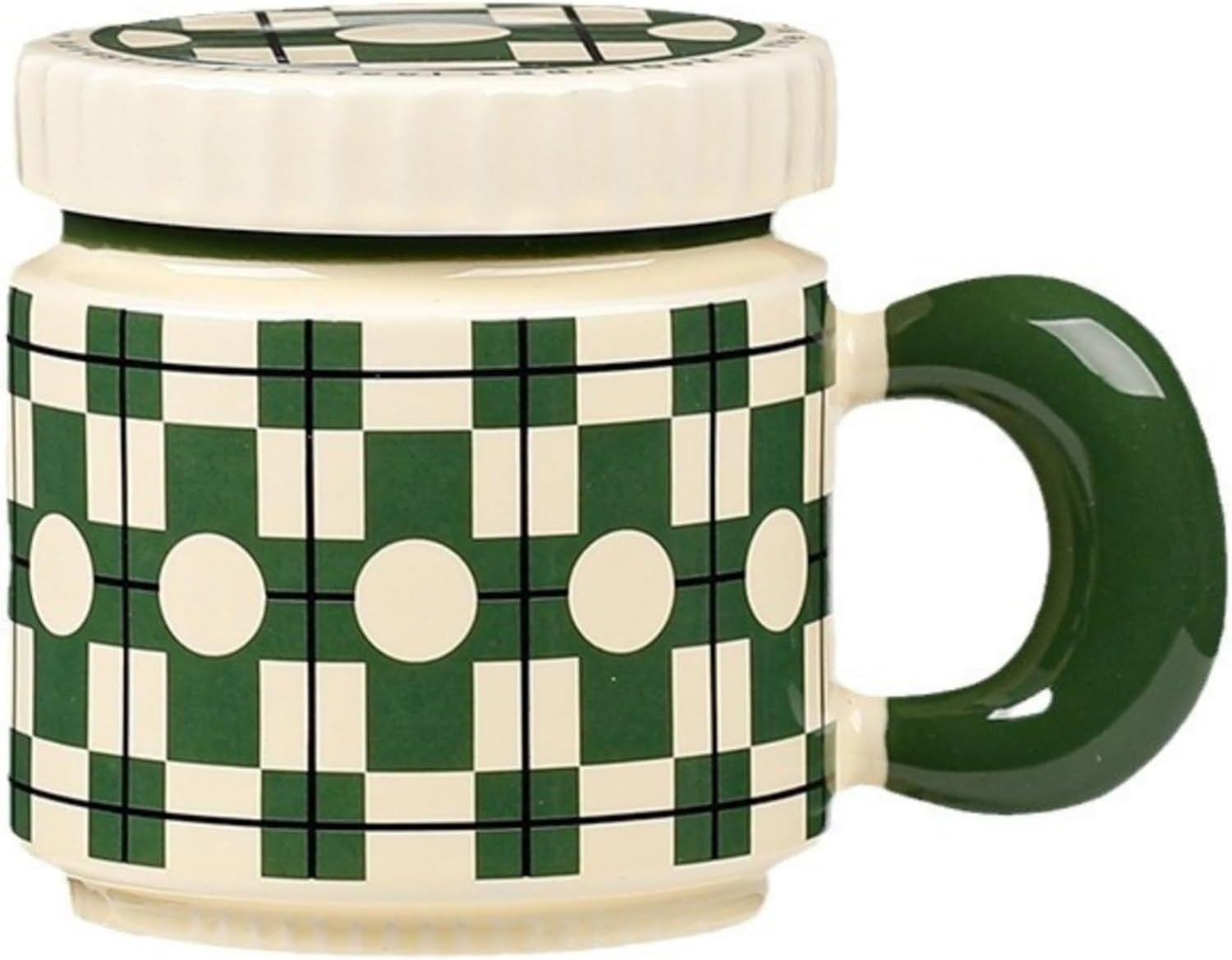 14 Oz Luxe Ceramic Coffee Mug Tea Mug with Lid Handle Floral/Stars/Plaid Design, Elegant Water Cup Cereal Bowl Ice Cream Bowl (green,14 Oz)