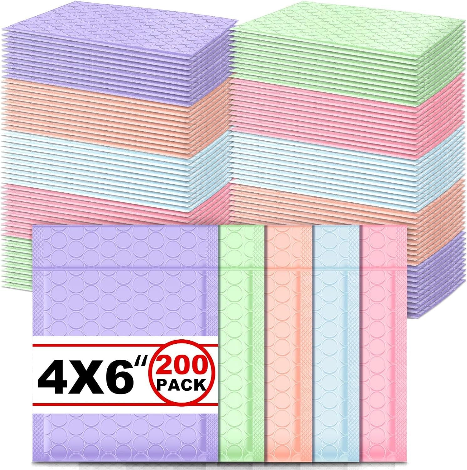 200 Pcs Bubble Mailer 4 x 6 Inch Small Shipping Bags Waterproof Padded Envelopes Self Adhesive Poly Bubble Packaging Envelopes Bulk for Shipping Mailing Trading Card Packaging (Pastel Color)