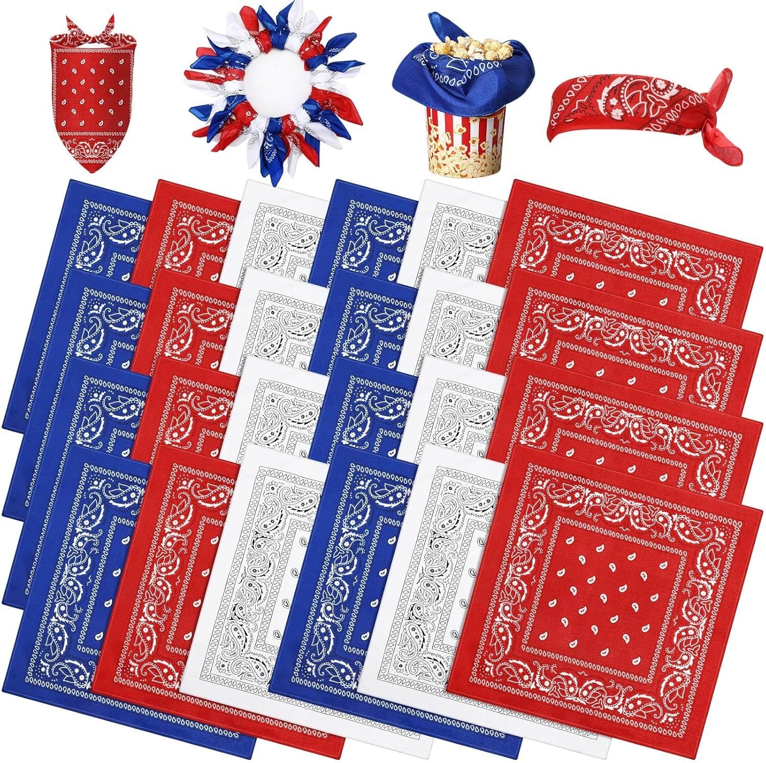 24 Pcs Paisley Bandanas Red White Blue Headband for Men and Women 4th of July 250 Anniversary Versatile Decoration Handkerchief Patriotic Bandana for Tabletop Wreath Banner Flags Decor