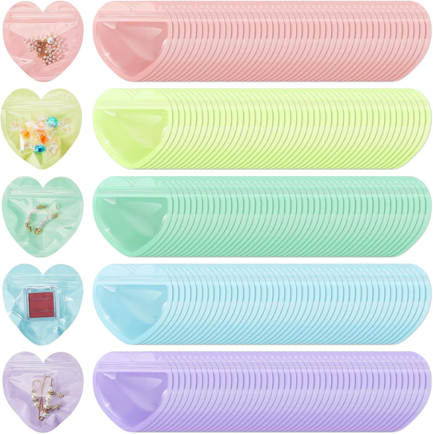 300 Pcs Heart Shaped Jewelry Bags 3.9 x 3.9 Inch Jewelry Packaging for Small Business Zip with Top Lock Baggies Cute Packaging Supplies for Necklace Earring Bracelets Sample(Mixed Color,Heart Shaped)