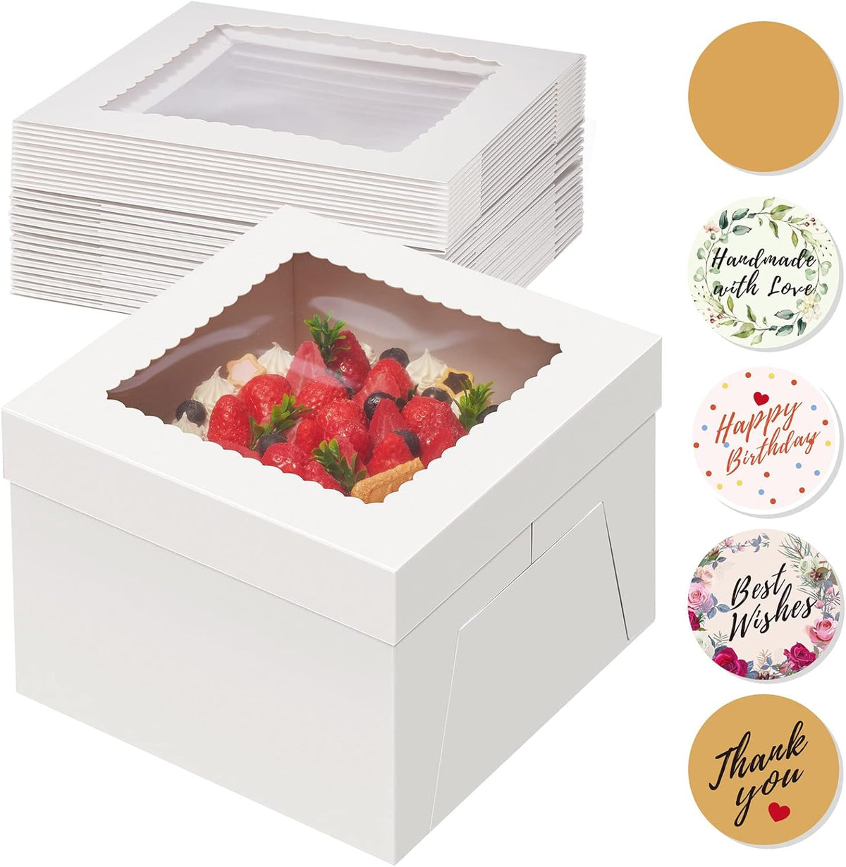 15pcs Cake Boxes, 10x10x8 Inches Tall Cake Box with Window, White Bakery Boxes, Large Baking Boxes, Square Cardboard Cake Box for Multi-Layer Cakes, Cake Decorating Supplies for Gift Giving