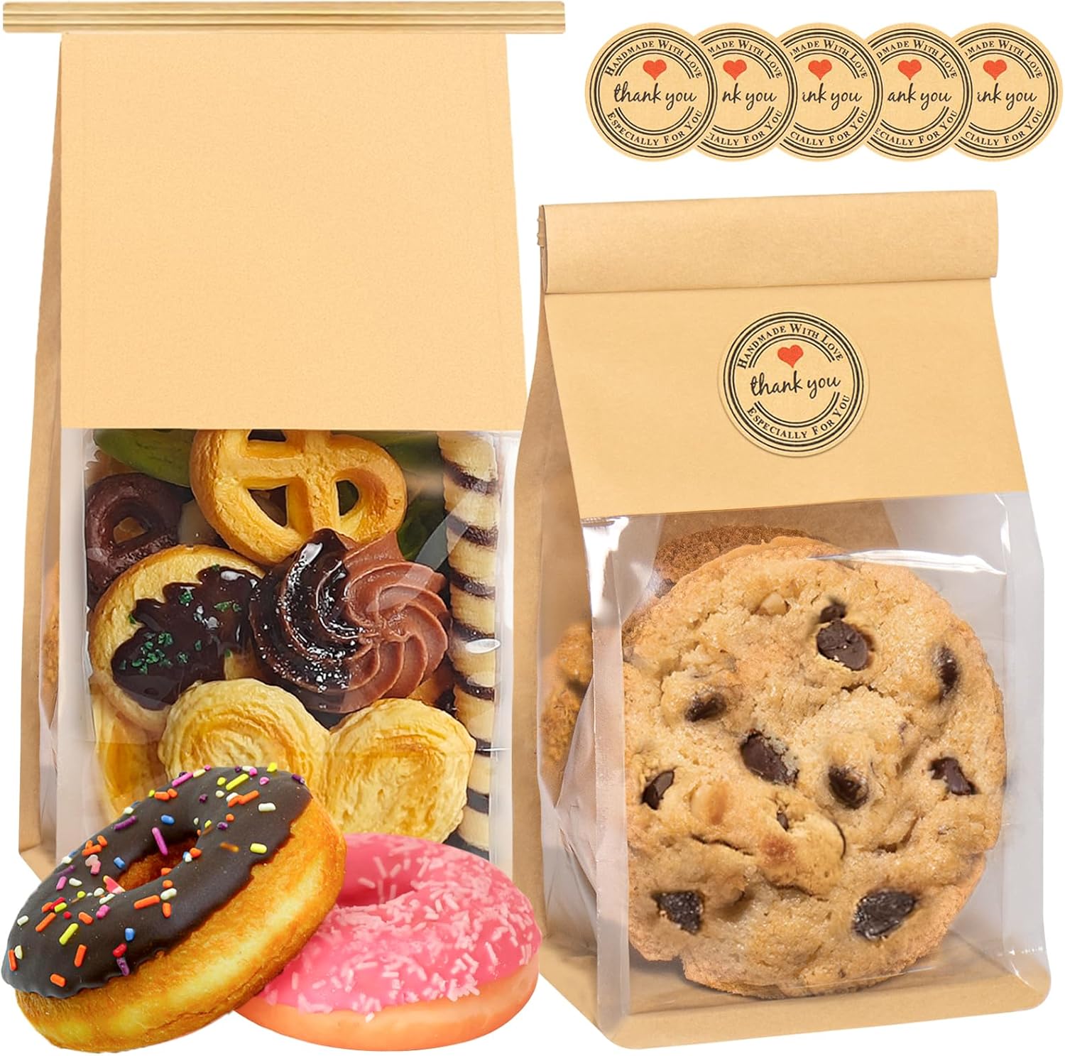 50 Pack Cookie Bags with Seal, 8.2x3.9x3.1 Inch Tin Tie Tab Lock Bakery Bags with Window Resealable Paper Packaging Bag for Muffin, Granola, Candies, Scone, Brownie, Included 50 Thank You Stickers