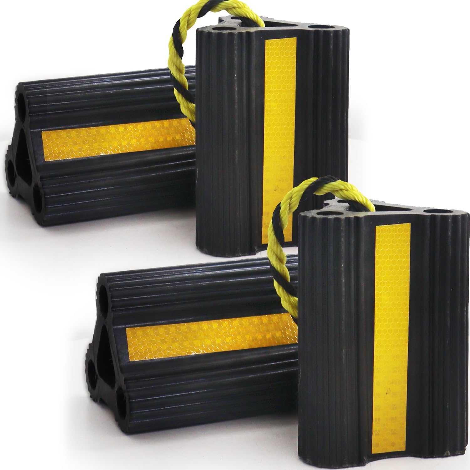 Wheel Chocks for RV Trailer Camper Truck Car, [2pair/4pack with Rope] Versatile Rubber Chocks Block Stopper for Tire with Reflective Strips, Utility Boat Travel Trailer Camper RV Accessories Must