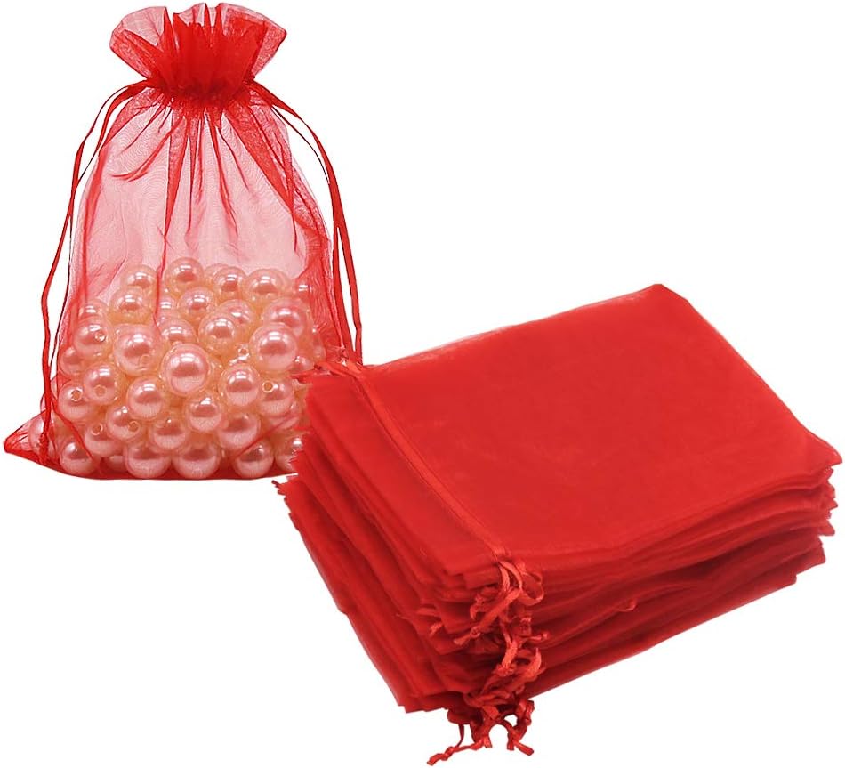 Organza Bags Red 100pcs, 5 x 7 inches Christmas Gift Drawstring Bags Mesh Jewelry Pouches for Wedding Party Favors