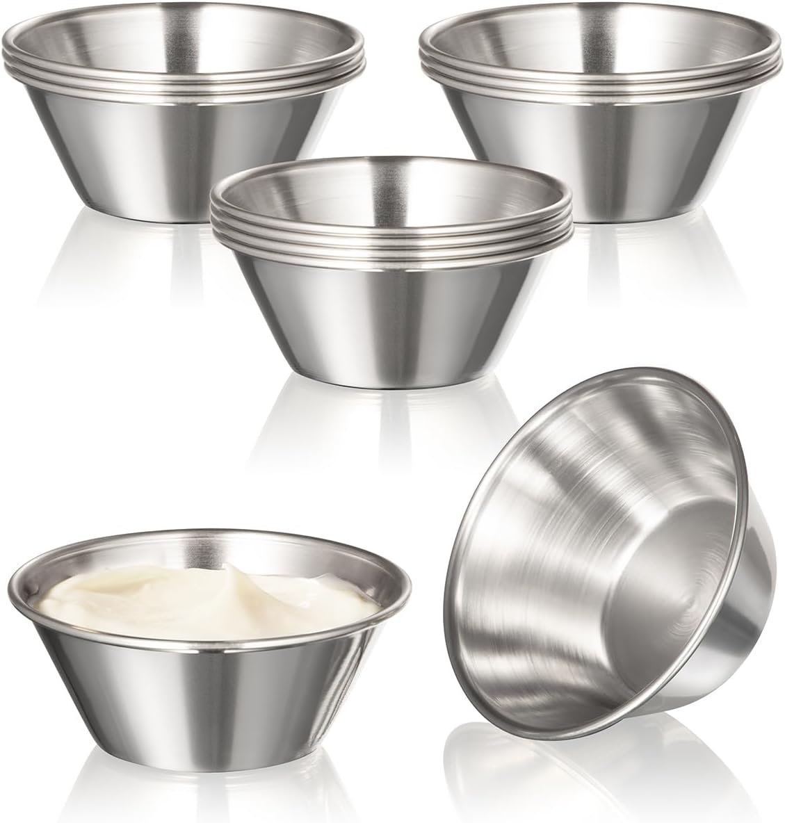 [12 Pack] 1.5 oz Stainless Steel Dipping Sauce Cups, Reusable Metal Ramekins, Commercial Grade Condiment Bowls, Individual Portion Cups, Small Round Au Jus for Home, Restaurant