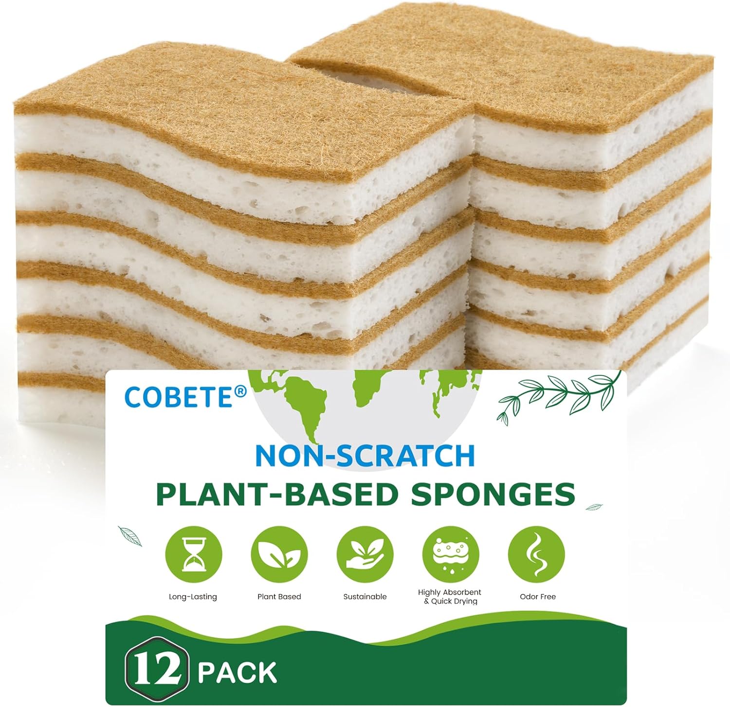 12 Pack Natural Biodegradable Kitchen Non Scratch Sponges,Compostable Plant Based Coconut Cellulose Sponge,Eco Friendly Reusable Dish Scrubber Sponge for Pots, Pans & Household Cleaning
